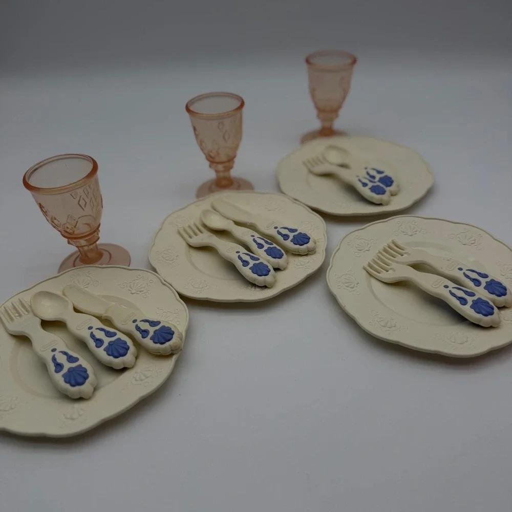 Vintage Little Tikes Toy Dish Set Plates Goblets Utensils Cream Blue Pink 17pc